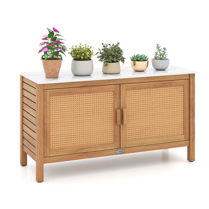 Outdoor acacia wood storage cabinet with marble top, ideal for outdoor tools and garden storage, by Wilsons Home Store.