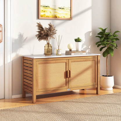 Outdoor acacia wood storage cabinet with fax marble top, ideal for outdoor tools and garage storage, by Wilsons Home Store.