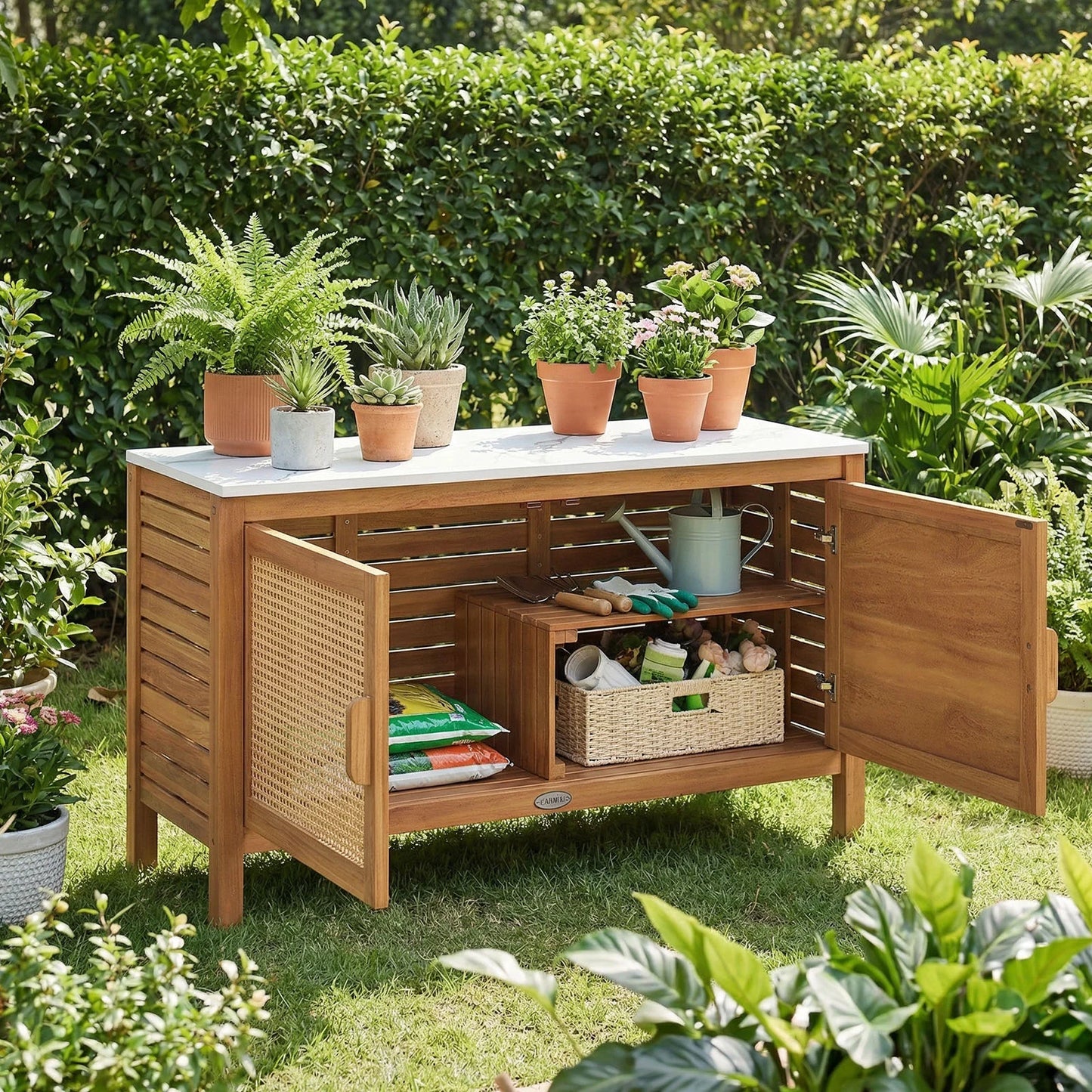 Outdoor acacia wood storage cabinet with fax marble top, ideal for outdoor sheds and garden tool organization.