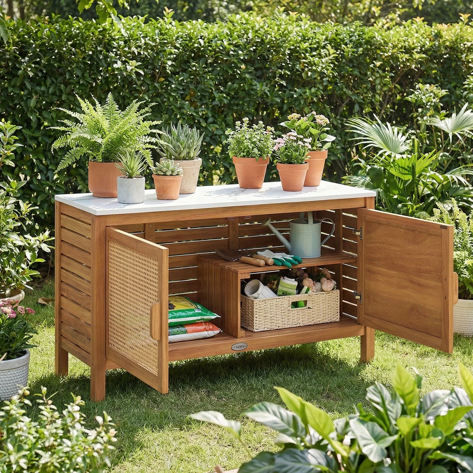 Outdoor acacia wood storage cabinet with fax marble top, ideal for outdoor sheds and garden tool organization.