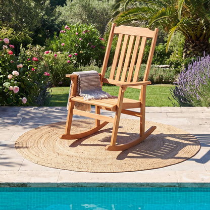 Outdoor acacia wood rocking chair with high back and armrests, natural finish, suitable for patio seating.