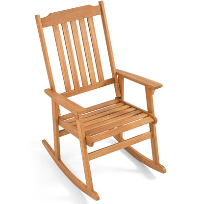 Natural acacia wood outdoor rocking chair with high back and armrests, ideal for patio relaxation and outdoor seating.