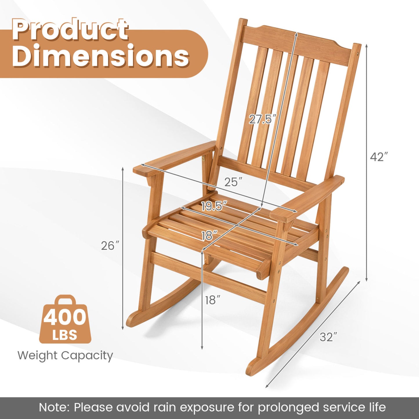 Natural acacia wood outdoor rocking chair with high back and armrests, perfect for patio relaxation and outdoor seating.