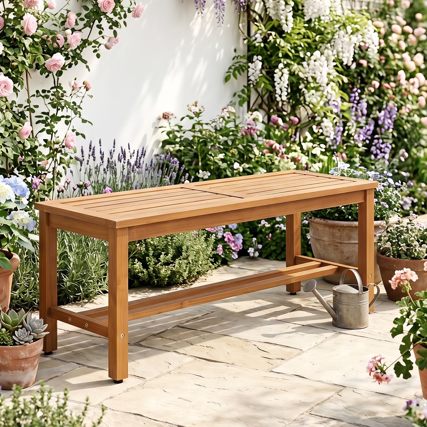 Outdoor Acacia Wood Patio Bench for 2 with Slatted Seat-2 Pieces