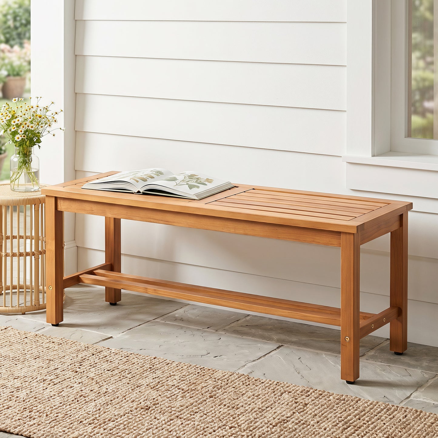 Outdoor Acacia Wood Patio Bench for 2 with Slatted Seat-2 Pieces