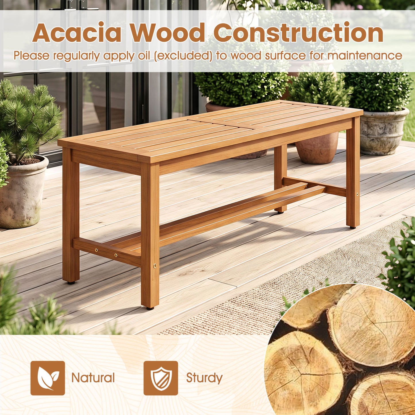 Outdoor Acacia Wood Patio Bench for 2 with Slatted Seat-2 Pieces