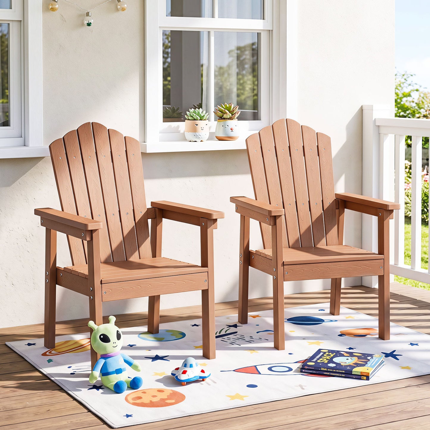 Outdoor Adirondack Chair with High Backrest and Wide Armrests for Deck Poolside-Brown