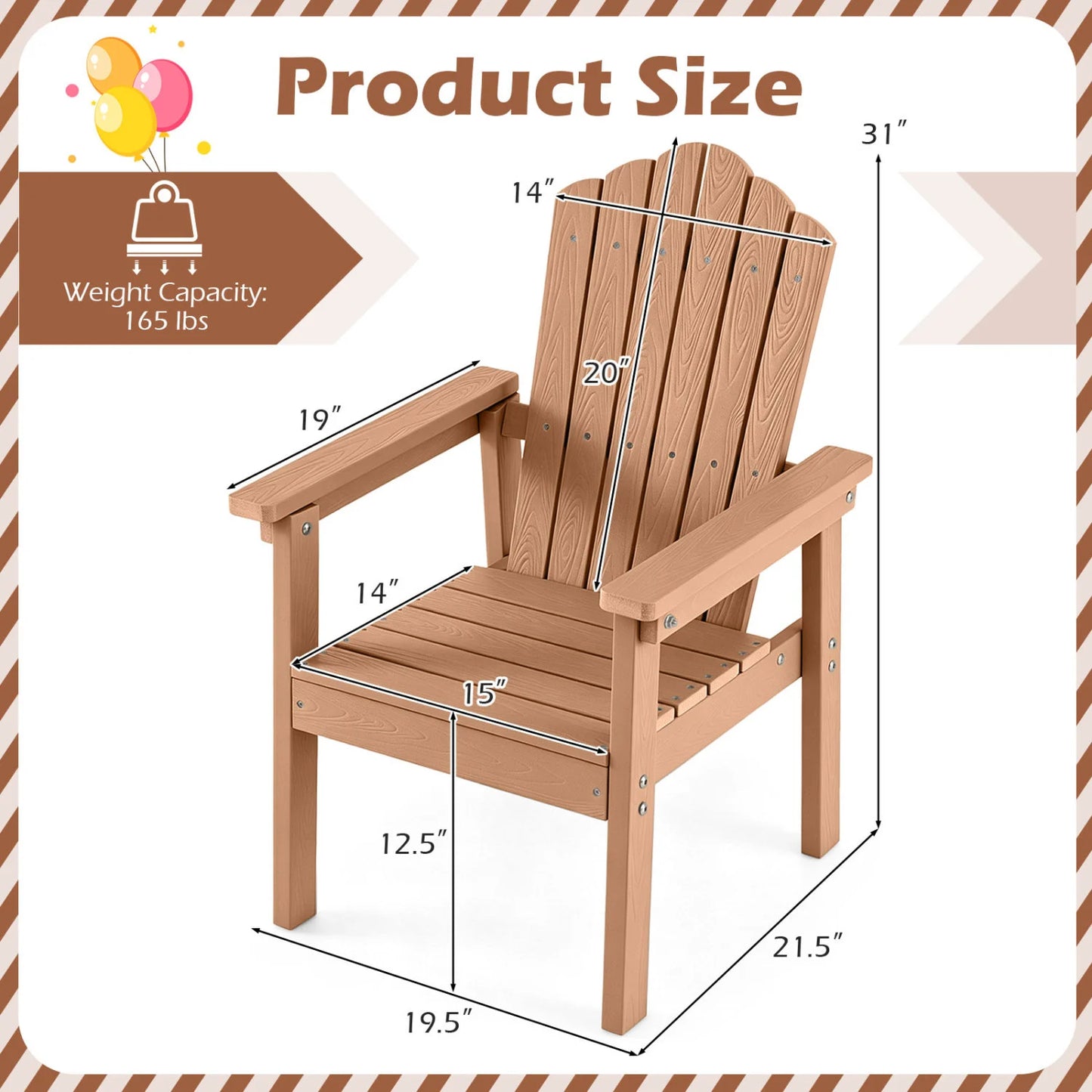 Outdoor Adirondack Chair with High Backrest and Wide Armrests for Deck Poolside-Brown