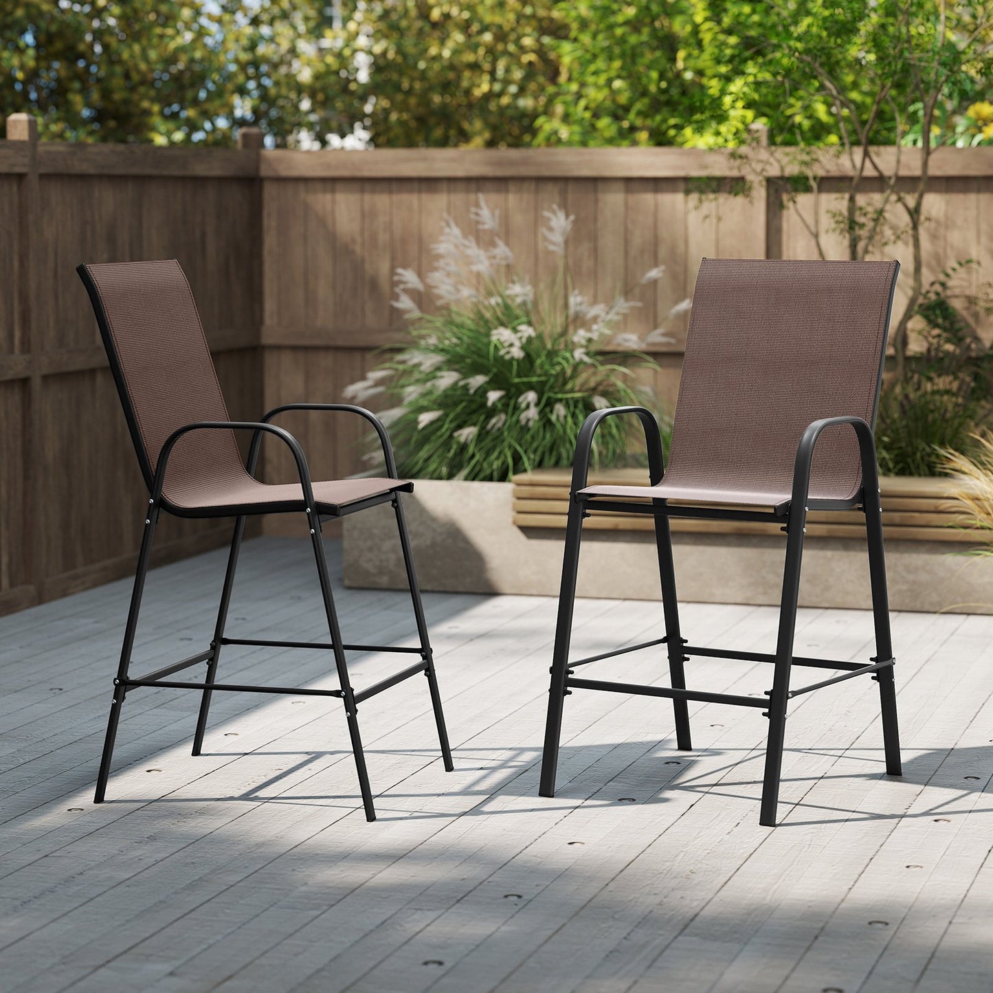 Outdoor Bar Stools Set of 2 29 Inch Fabric Bar Height Stools with Armrests-Beige