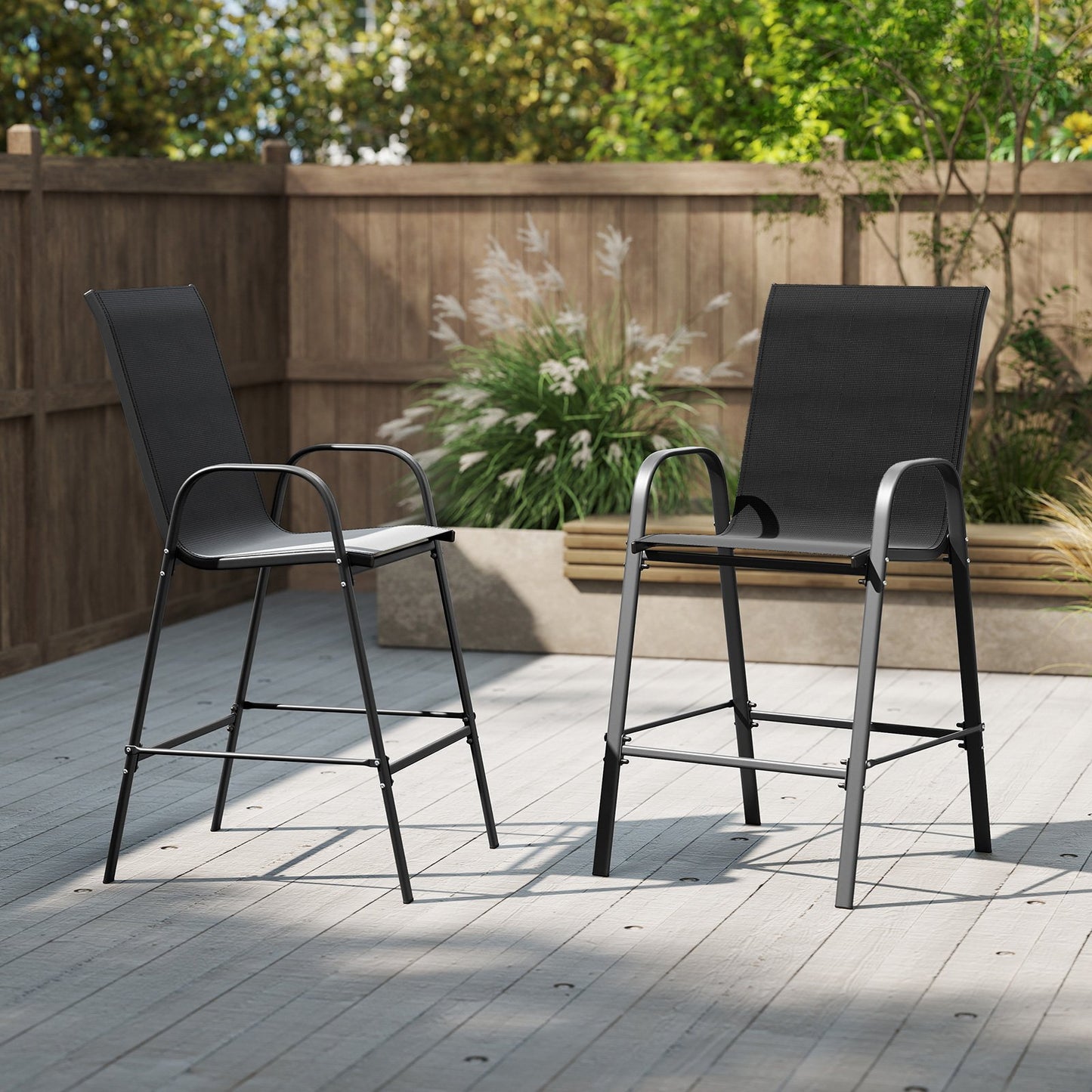 Outdoor Bar Stools Set of 2 29 Inch Fabric Bar Height Stools with Armrests-Beige