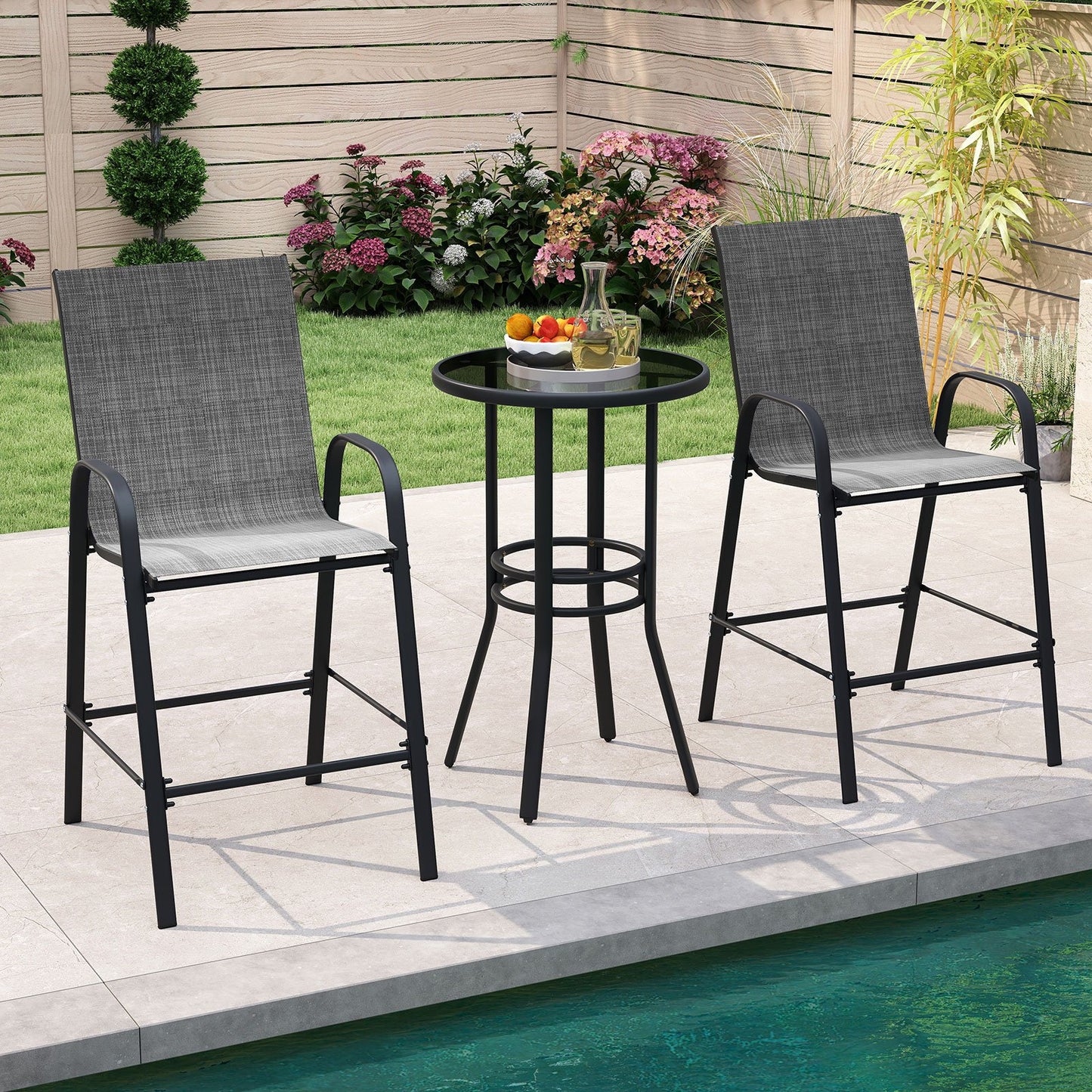 Outdoor Bar Stools Set of 2 29 Inch Fabric Bar Height Stools with Armrests-Beige