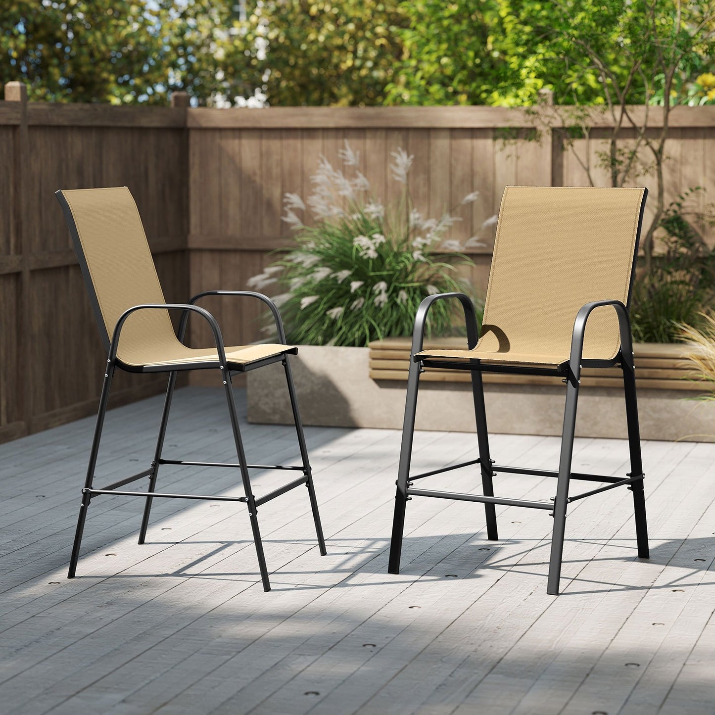 Outdoor Bar Stools Set of 2 29 Inch Fabric Bar Height Stools with Armrests-Beige