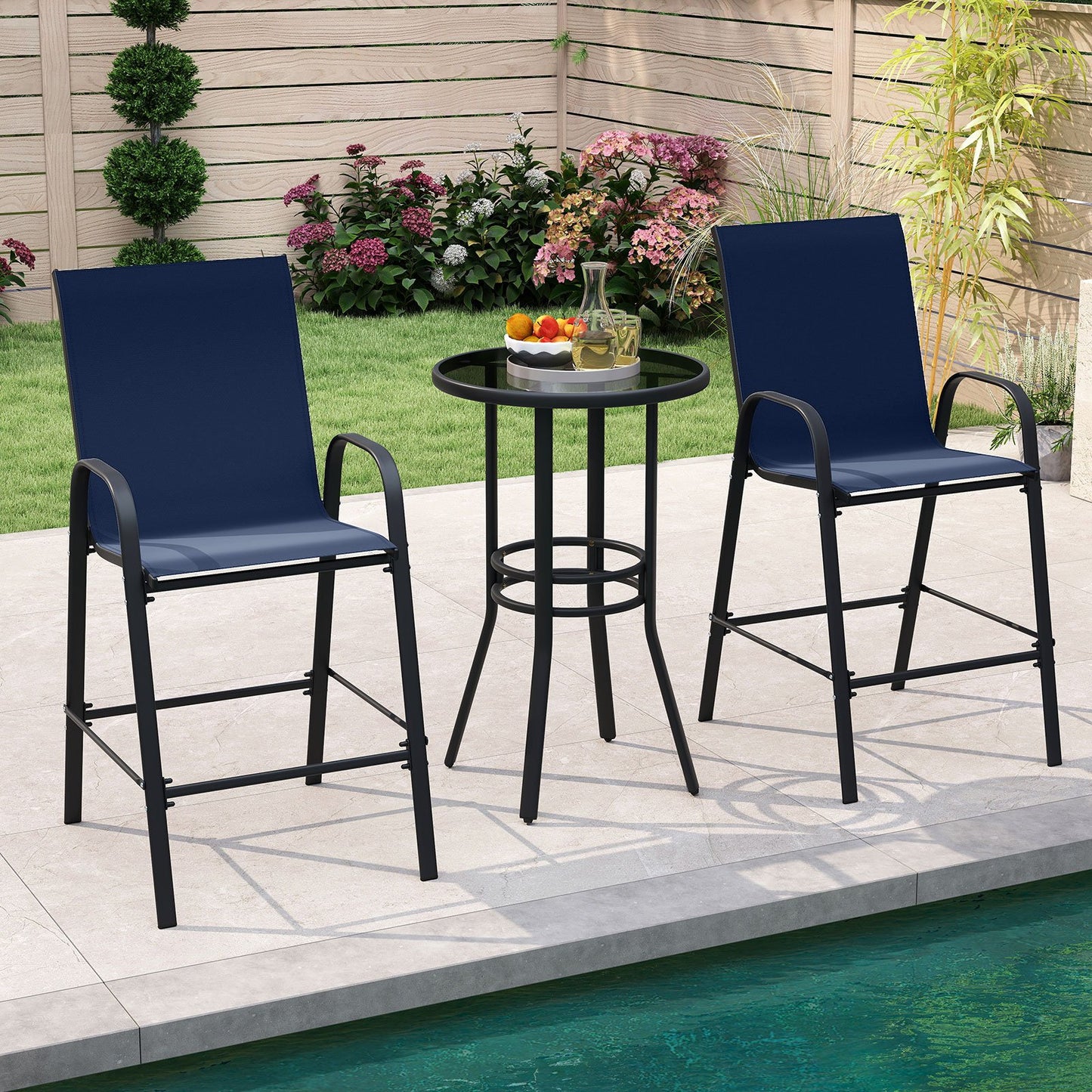 Outdoor Bar Stools Set of 2 29 Inch Fabric Bar Height Stools with Armrests-Beige