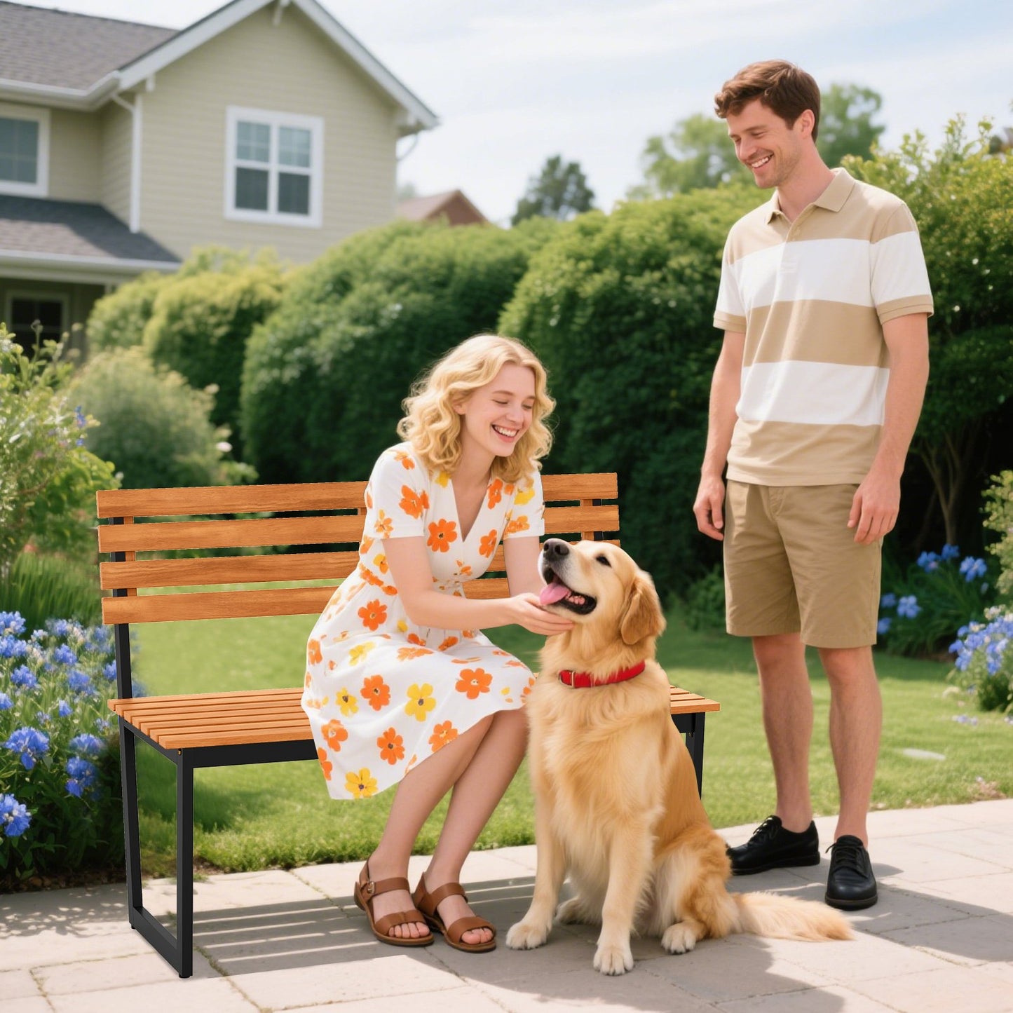 Outdoor Bench Acacia Wood Patio Loveseat with Backrest and Heavy Duty Metal Frame