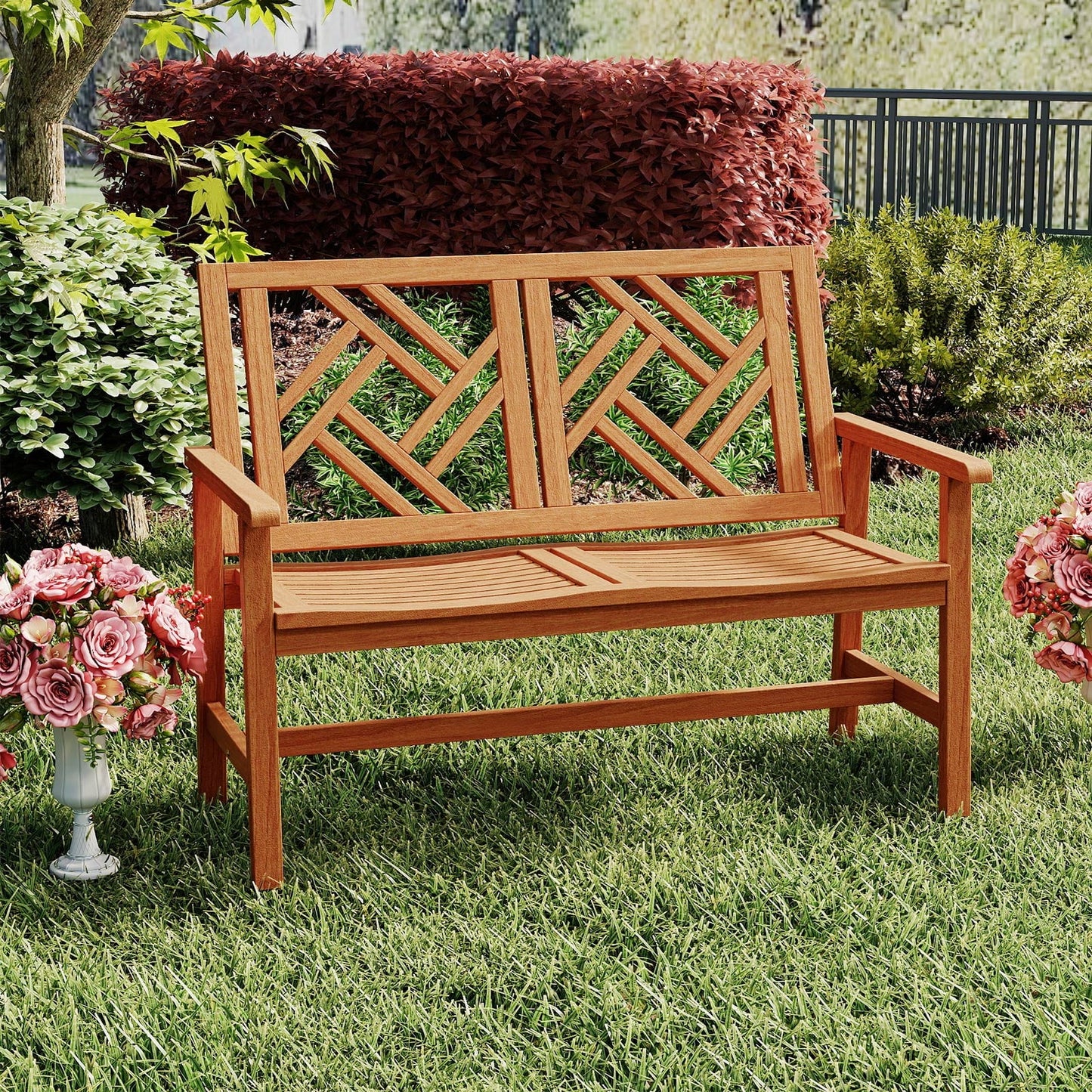Outdoor Bench Wood 2-Person Patio Loveseat Chair with Geometric Backrest