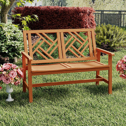 Outdoor Bench Wood 2-Person Patio Loveseat Chair with Geometric Backrest
