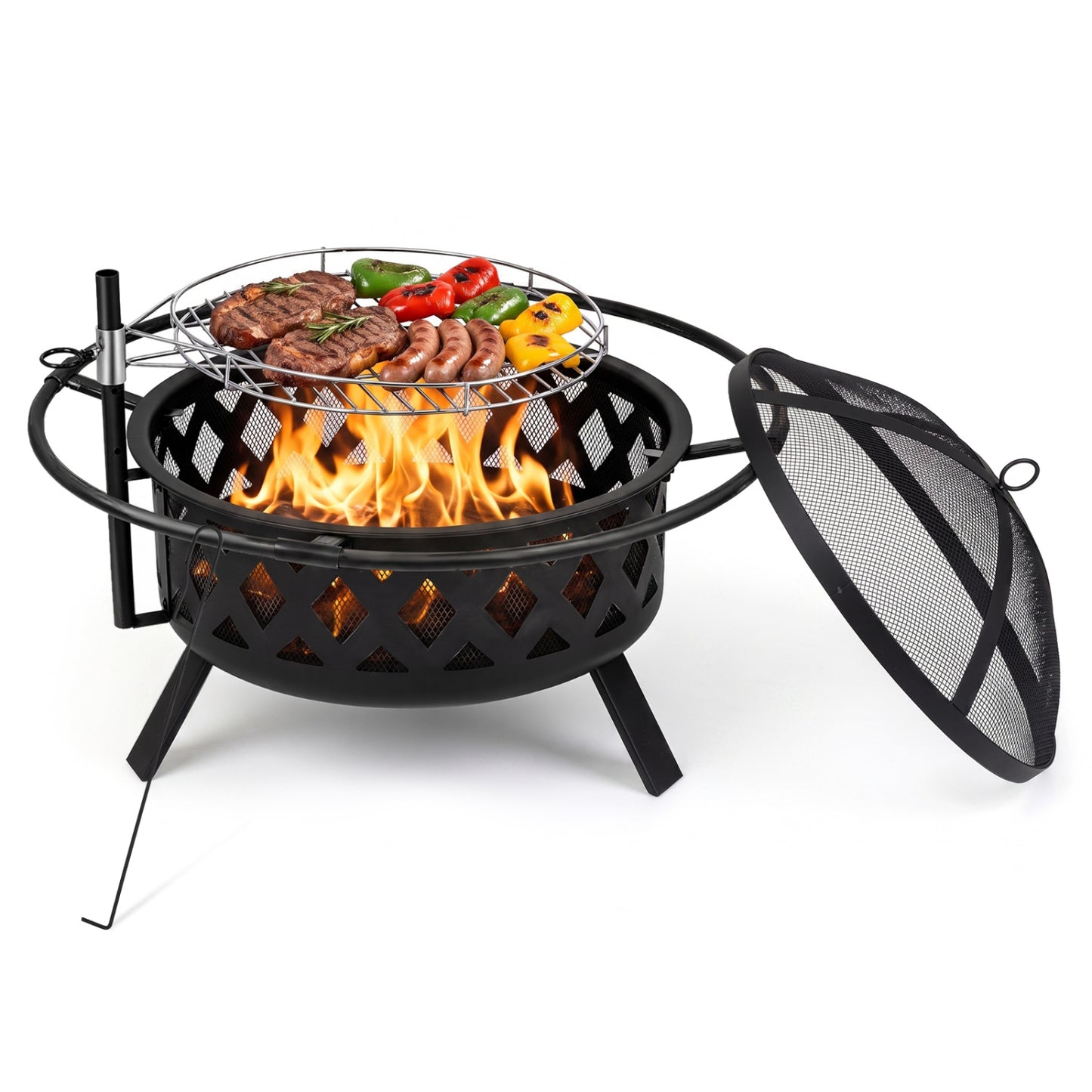 Outdoor Black Fire Pit with Adjustable and Rotatable Grill Grate Breathable Mesh & Outer Ring for BBQ-30 Inches
