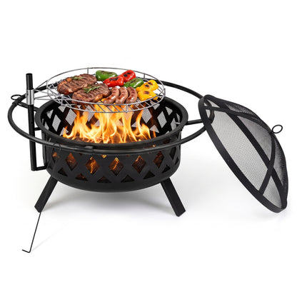 Outdoor Black Fire Pit with Adjustable and Rotatable Grill Grate Breathable Mesh & Outer Ring for BBQ-30 Inches
