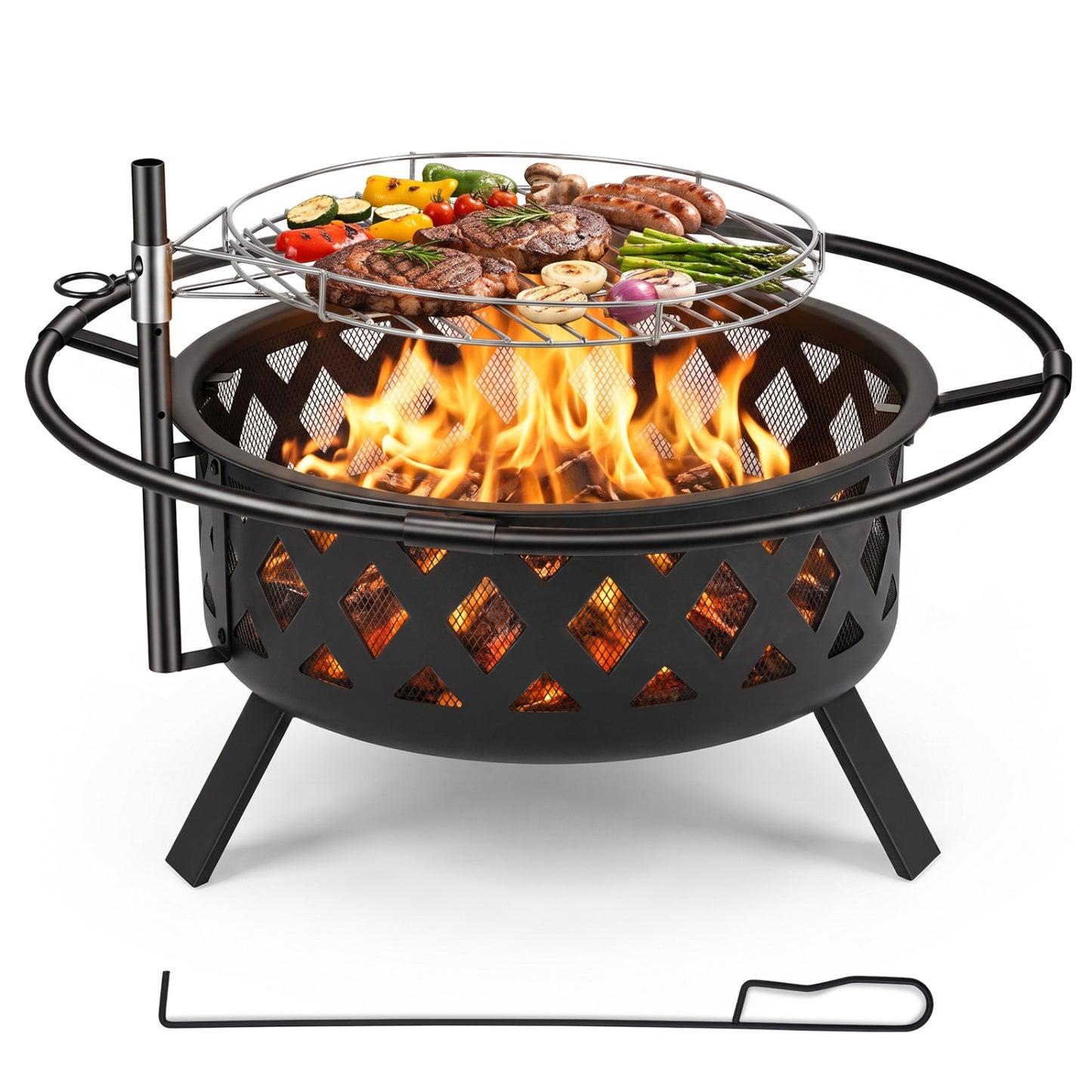 Outdoor Black Fire Pit with Adjustable and Rotatable Grill Grate Breathable Mesh & Outer Ring for BBQ-30 Inches