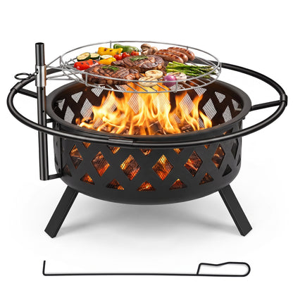Outdoor Black Fire Pit with Adjustable and Rotatable Grill Grate Breathable Mesh & Outer Ring for BBQ-30 Inches