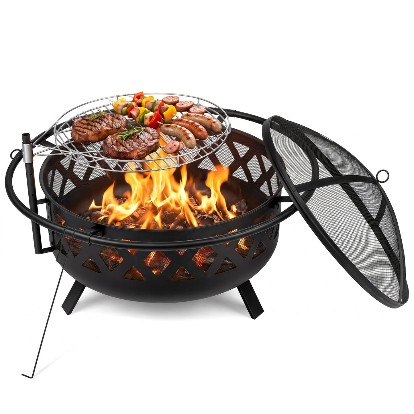 Outdoor Black Fire Pit with Adjustable and Rotatable Grill Grate Breathable Mesh & Outer Ring for BBQ-30 Inches