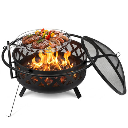 Outdoor Black Fire Pit with Adjustable and Rotatable Grill Grate Breathable Mesh & Outer Ring for BBQ-30 Inches