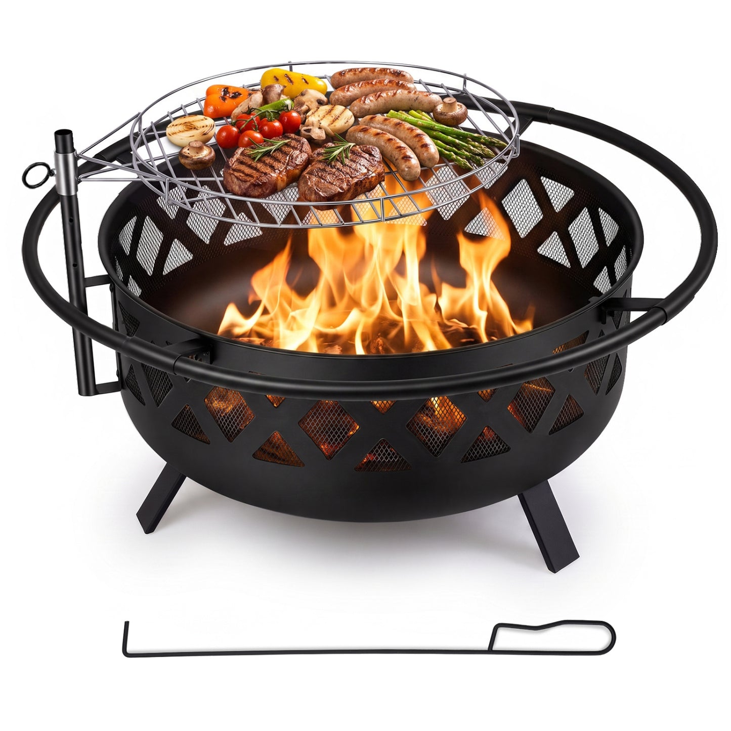 Outdoor Black Fire Pit with Adjustable and Rotatable Grill Grate Breathable Mesh & Outer Ring for BBQ-30 Inches