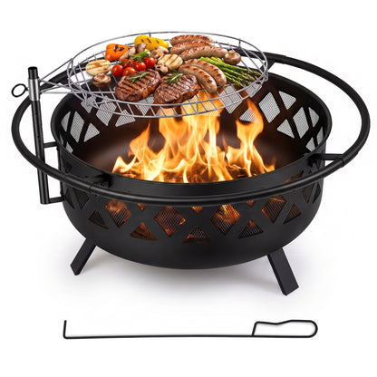 Outdoor Black Fire Pit with Adjustable and Rotatable Grill Grate Breathable Mesh & Outer Ring for BBQ-30 Inches