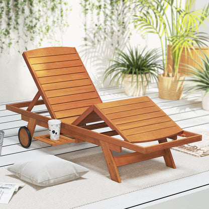 Outdoor Chaise Lounge Chair with Wheels 4-Position Patio Wood Recliner with Adjustable Backrest