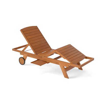 Outdoor Chaise Lounge Chair with Wheels 4-Position Patio Wood Recliner with Adjustable Backrest