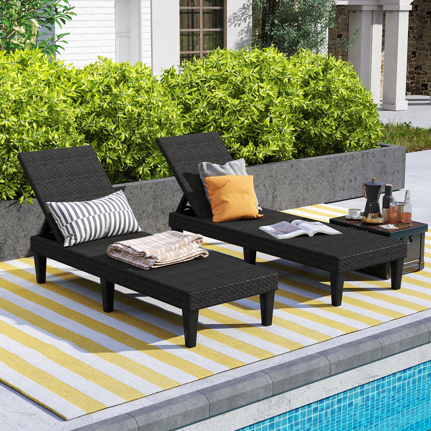 Outdoor Chaise Lounger Chair with Waterproof Rattan Textured PP Surface Set of 2-Black