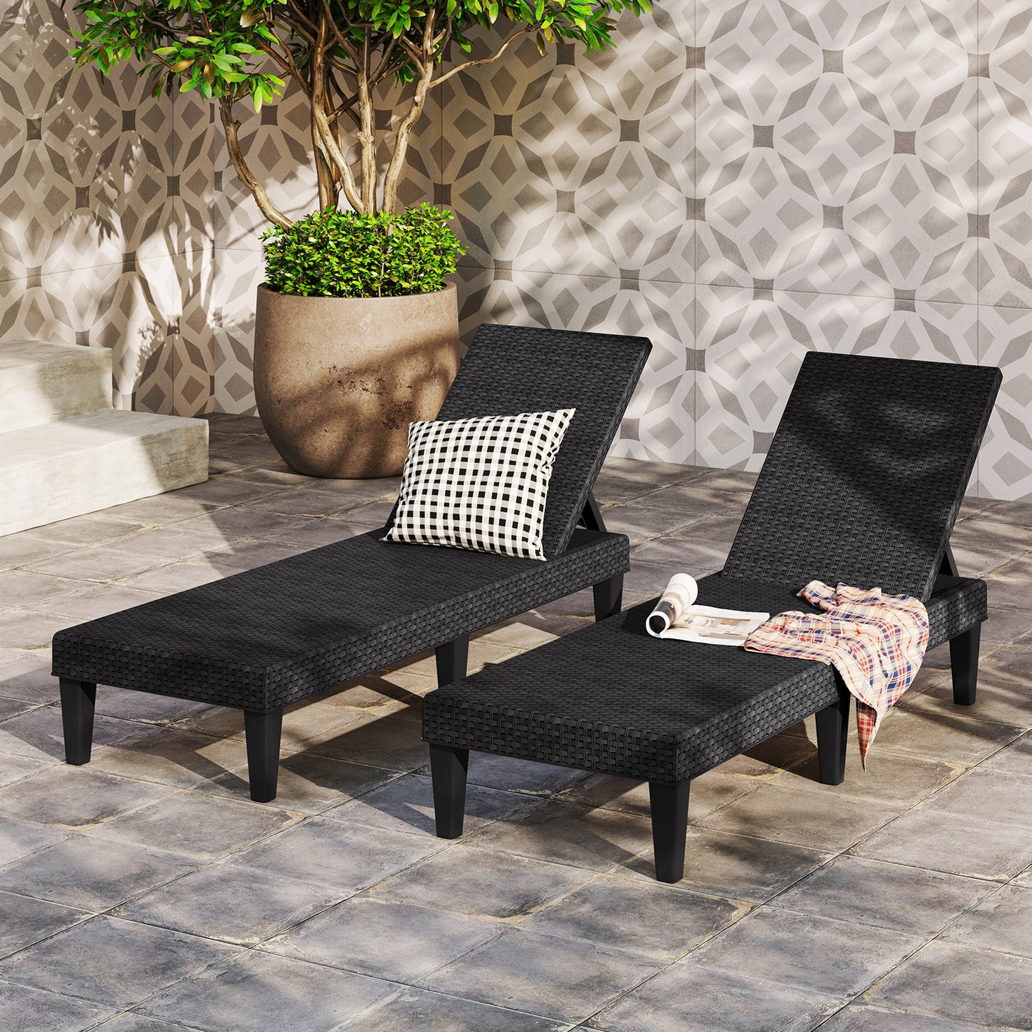 Outdoor Chaise Lounger Chair with Waterproof Rattan Textured PP Surface Set of 2-Black