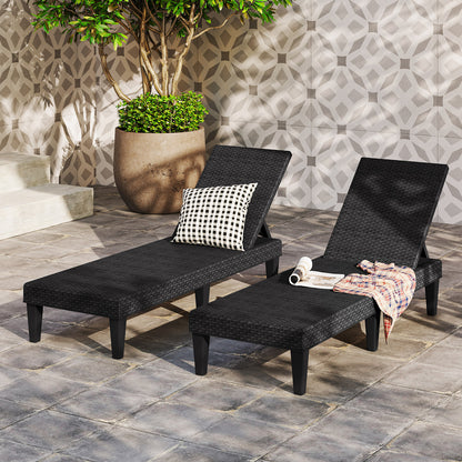 Outdoor Chaise Lounger Chair with Waterproof Rattan Textured PP Surface Set of 2-Black