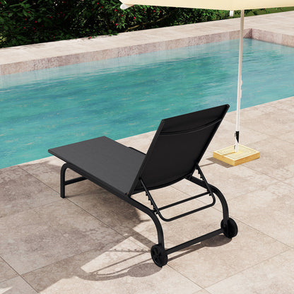 Outdoor Chaise Lounge Chair with Wheels and Metal Frame-Black