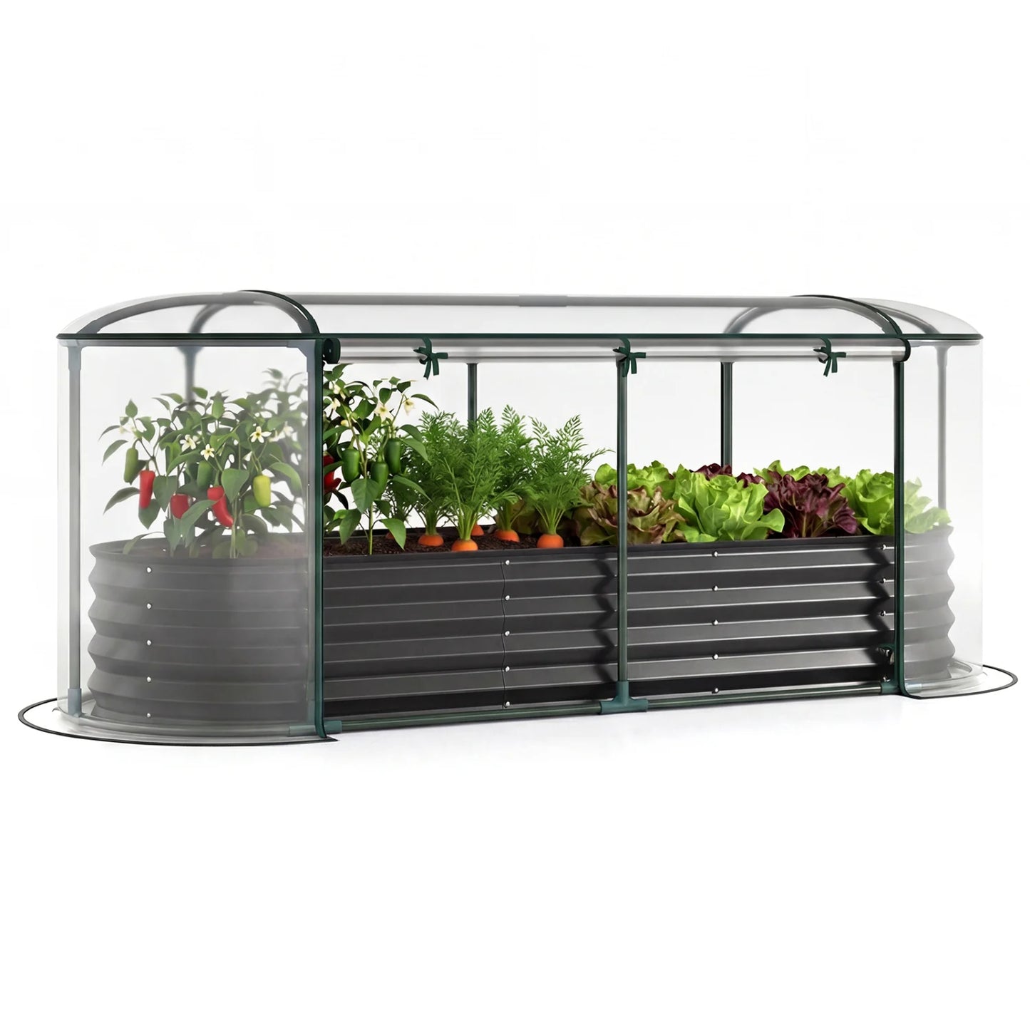 Black outdoor steel raised garden bed with greenhouse cover, roll-up window, suitable for garden planting and outdoor gardening.