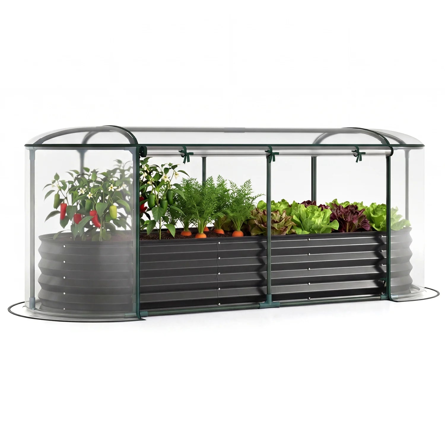 Black outdoor steel raised garden bed with greenhouse cover, roll-up window, suitable for garden planting and outdoor gardening.