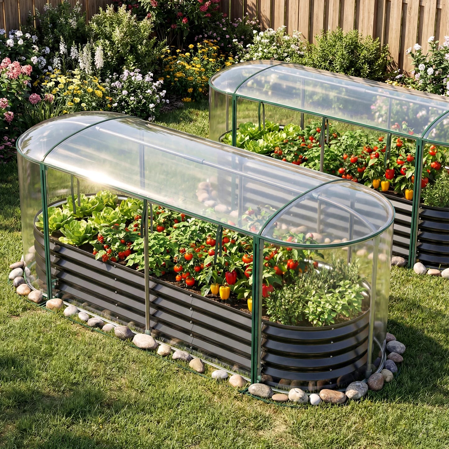 Black outdoor steel raised garden bed with greenhouse cover and roll-up window, ideal for outdoor gardening and plant protection.