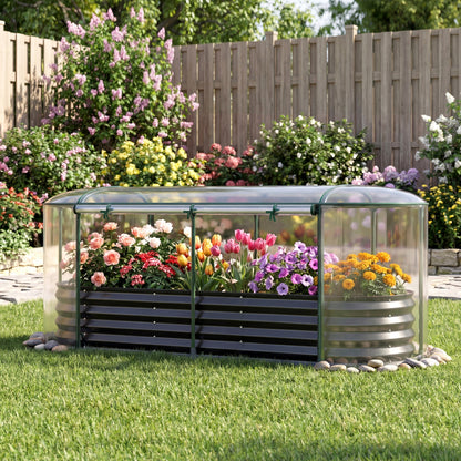 Black outdoor steel raised garden bed with green greenhouse cover and roll-up window, ideal for outdoor gardening.