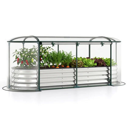 Black outdoor steel raised garden bed with greenhouse cover and roll-up window, ideal for outdoor gardening.