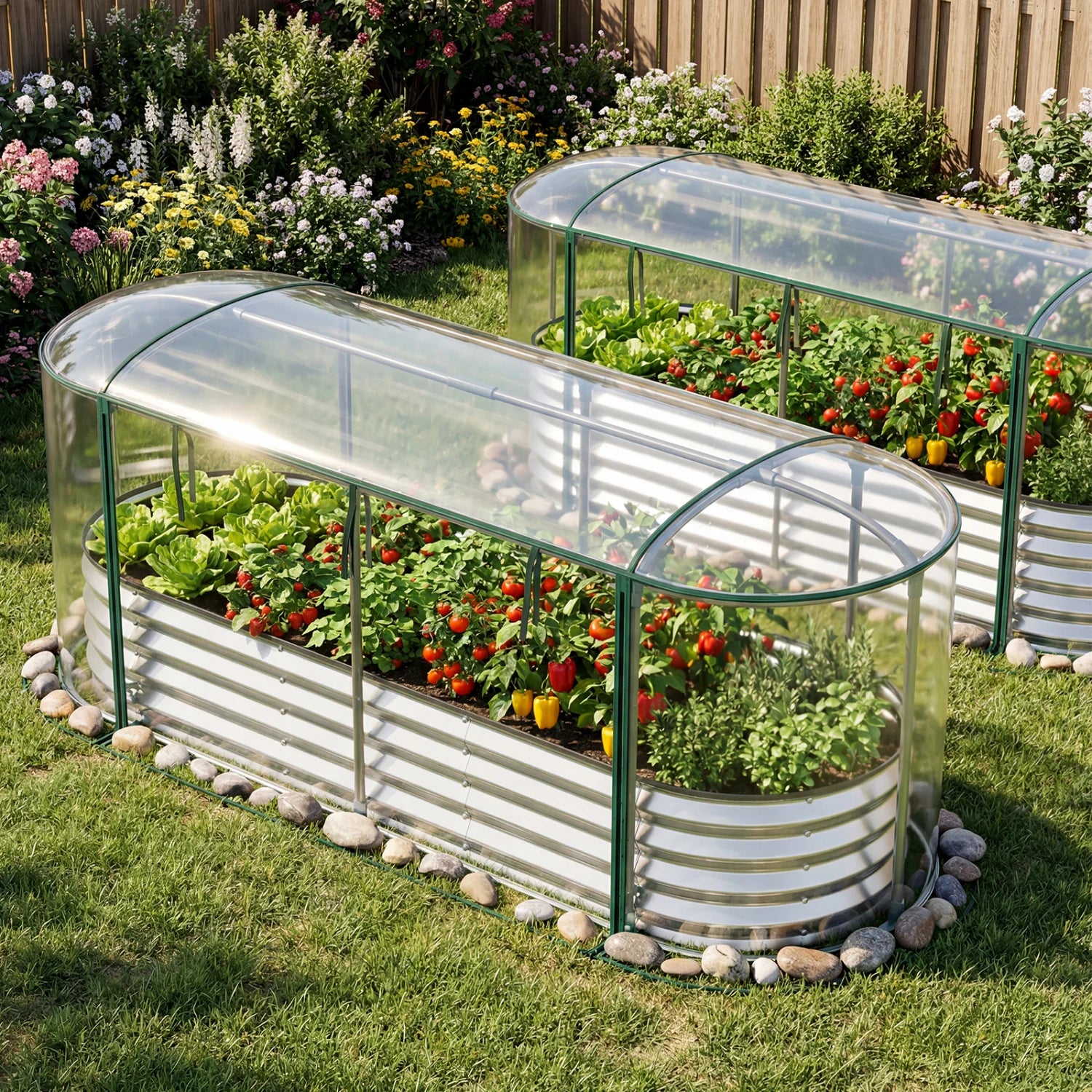 Black outdoor steel raised garden bed with greenhouse cover and roll-up window for gardening and plant protection.