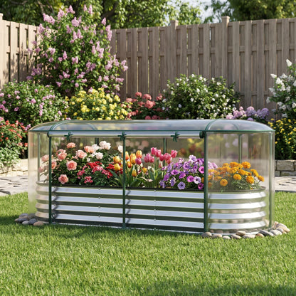 Black outdoor steel raised garden bed with roll-up greenhouse cover and window for gardening.