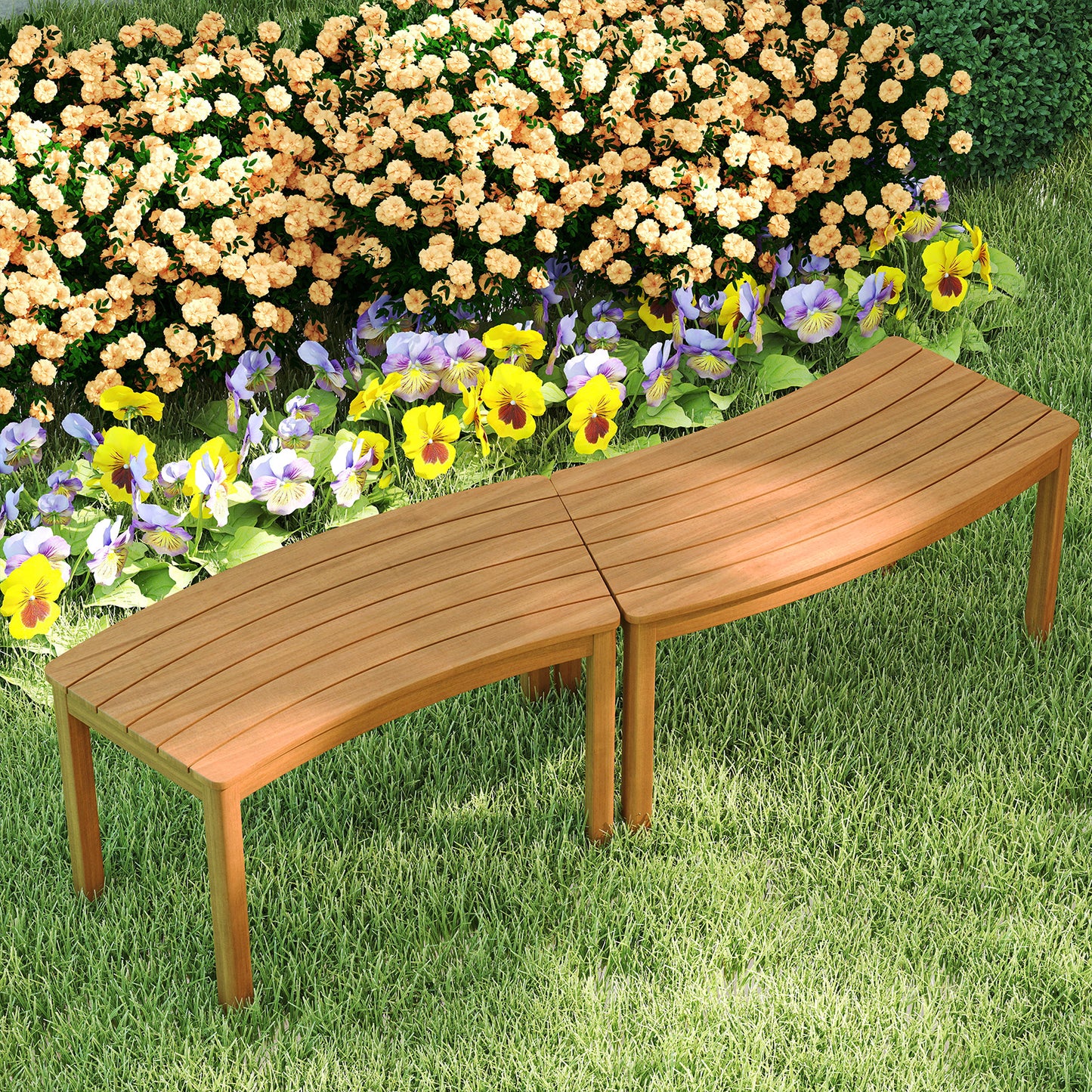 Outdoor curved acacia wood bench set with slatted seats, ideal for front porch outdoor seating, by Wilsons Home Store