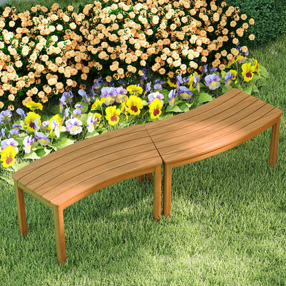 Outdoor curved acacia wood bench set with slatted seats, ideal for front porch outdoor seating, by Wilsons Home Store
