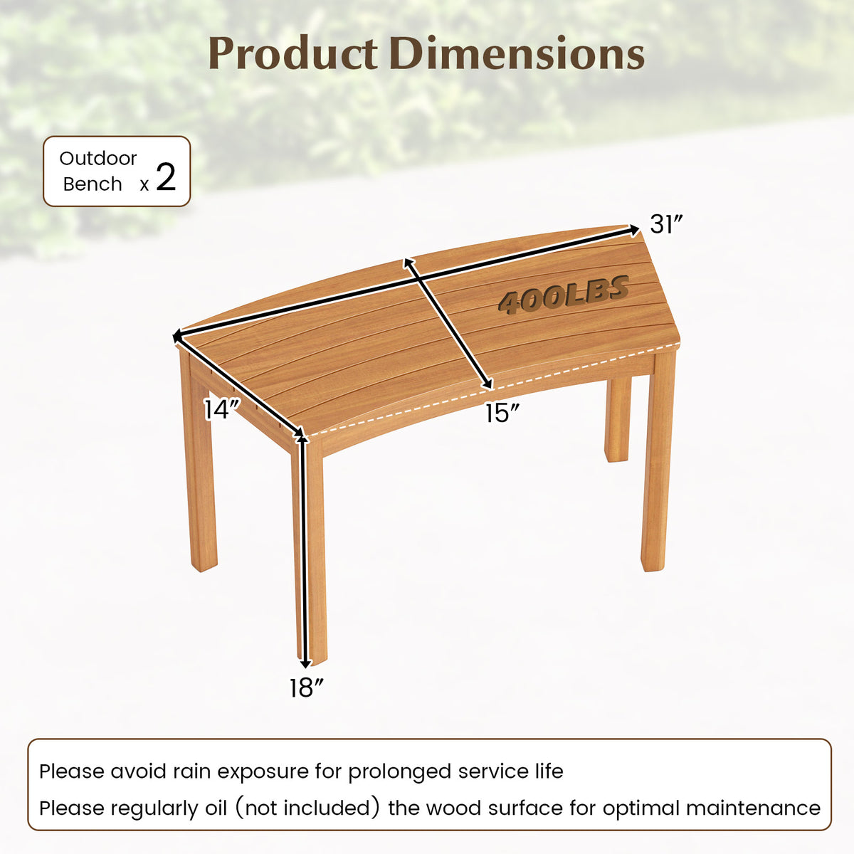 Outdoor curved acacia wood bench set for porch, featuring natural finish, part of outdoor patio furniture by Wilsons Home Store.