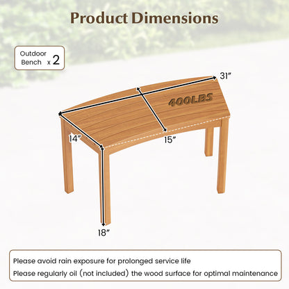 Outdoor curved acacia wood bench set for porch, featuring natural finish, part of outdoor patio furniture by Wilsons Home Store.
