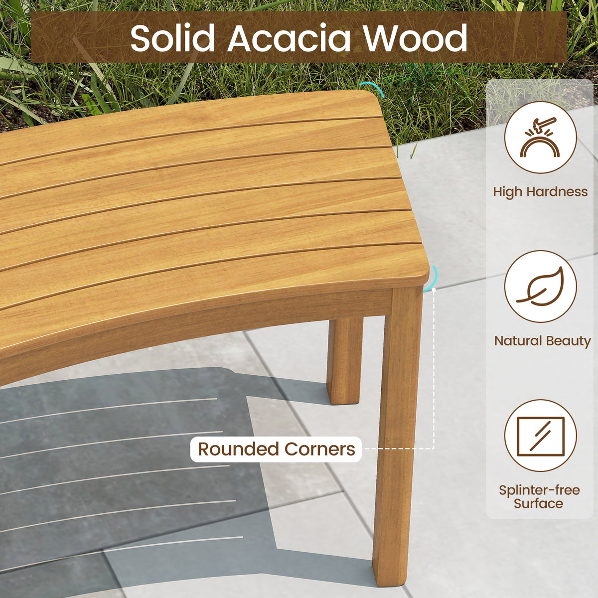 Set of 2 outdoor curved acacia wood benches for patio or porch seating, designed for outdoor patio and garden use.