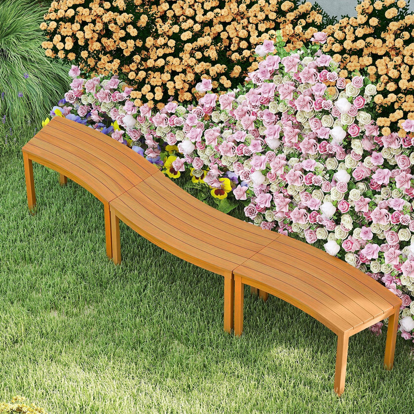 Outdoor Curved Acacia  Wood Bench Set of 2/3/4 for Front Porch-4