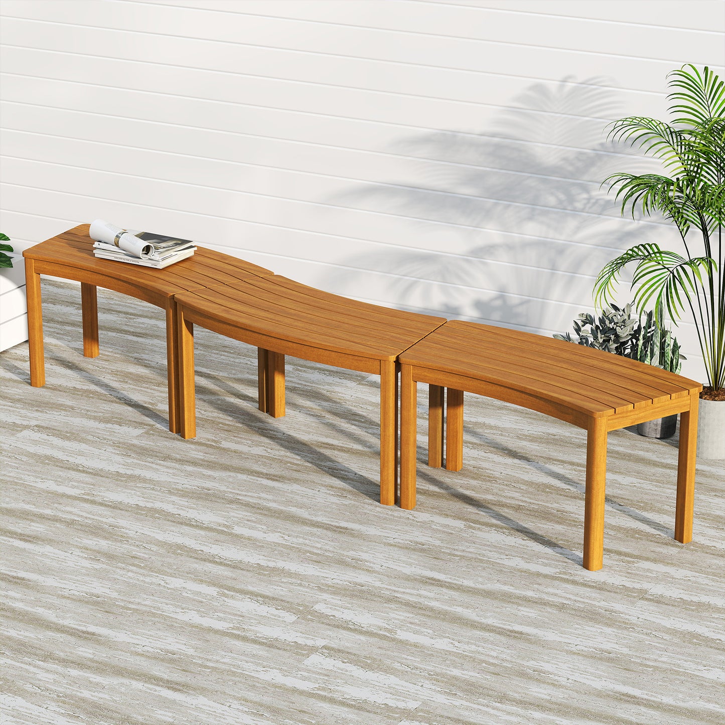 Outdoor Curved Acacia  Wood Bench Set of 2/3/4 for Front Porch-3