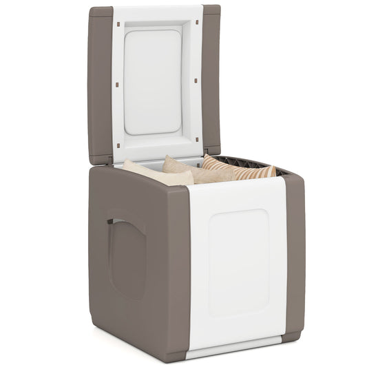 Beige outdoor deck box with lid for packages and garden storage, made by Wilsons Home Store for outdoor garden use.
