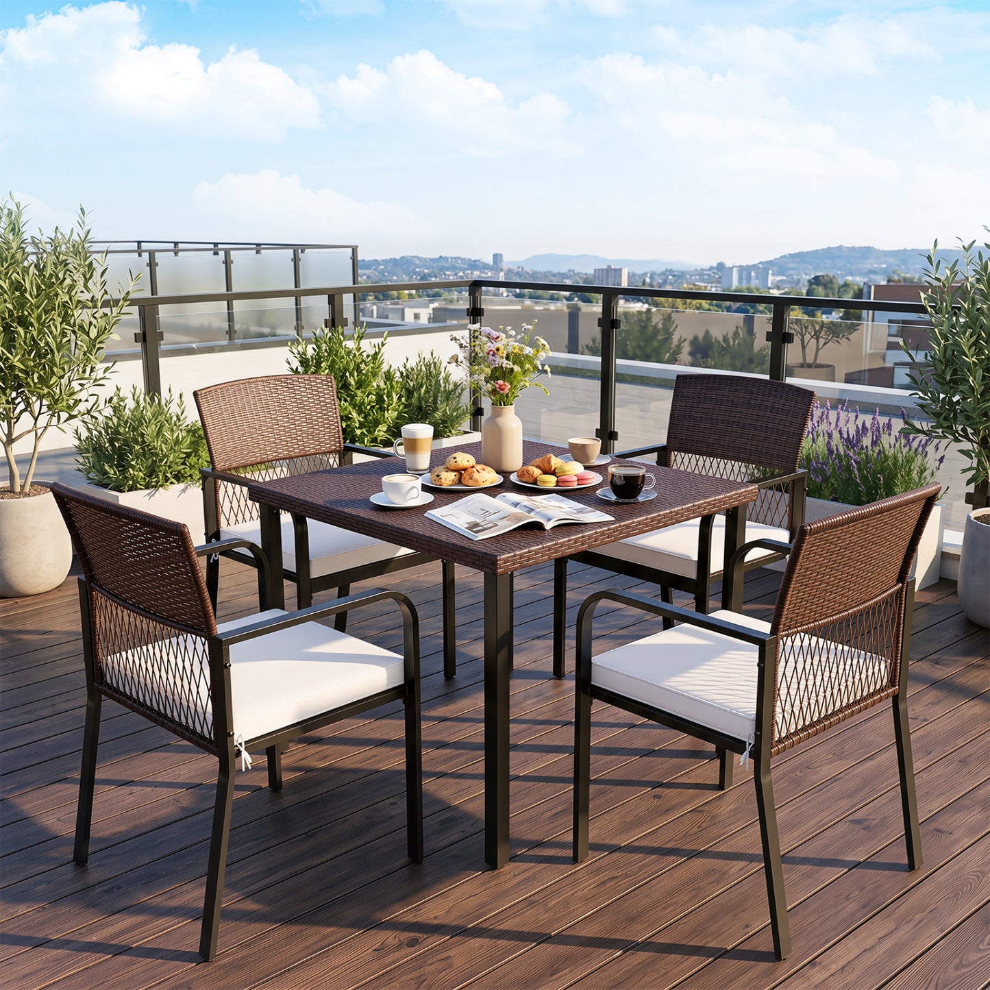 Set of four beige outdoor patio dining chairs with padded cushions and adjustable feet for patio comfort and stability.